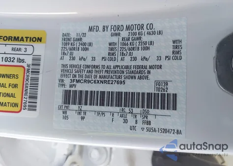 2022 Ford Bronco Sport Outer Banks из США, поврежденный, VIN 3FMCR9C6XNRE27695